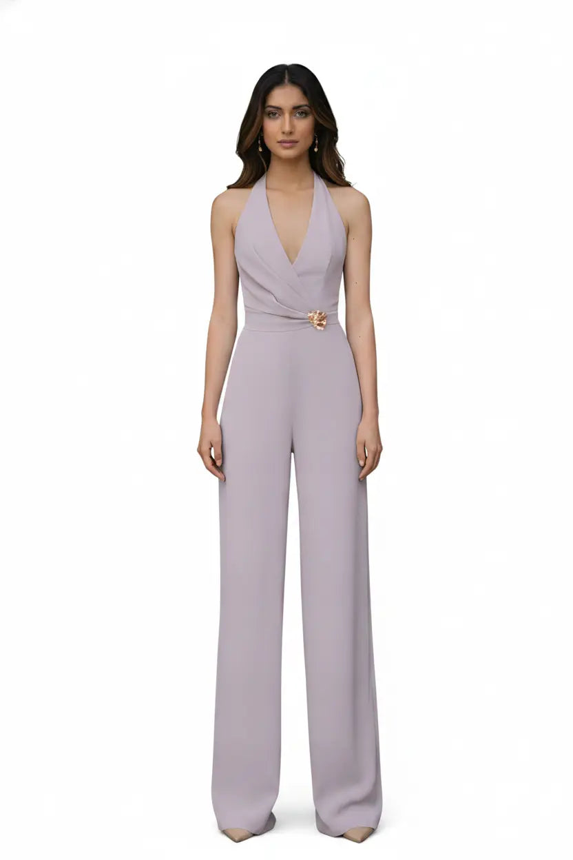 Salmon Pink Halter Jumpsuit – Gold Brooch