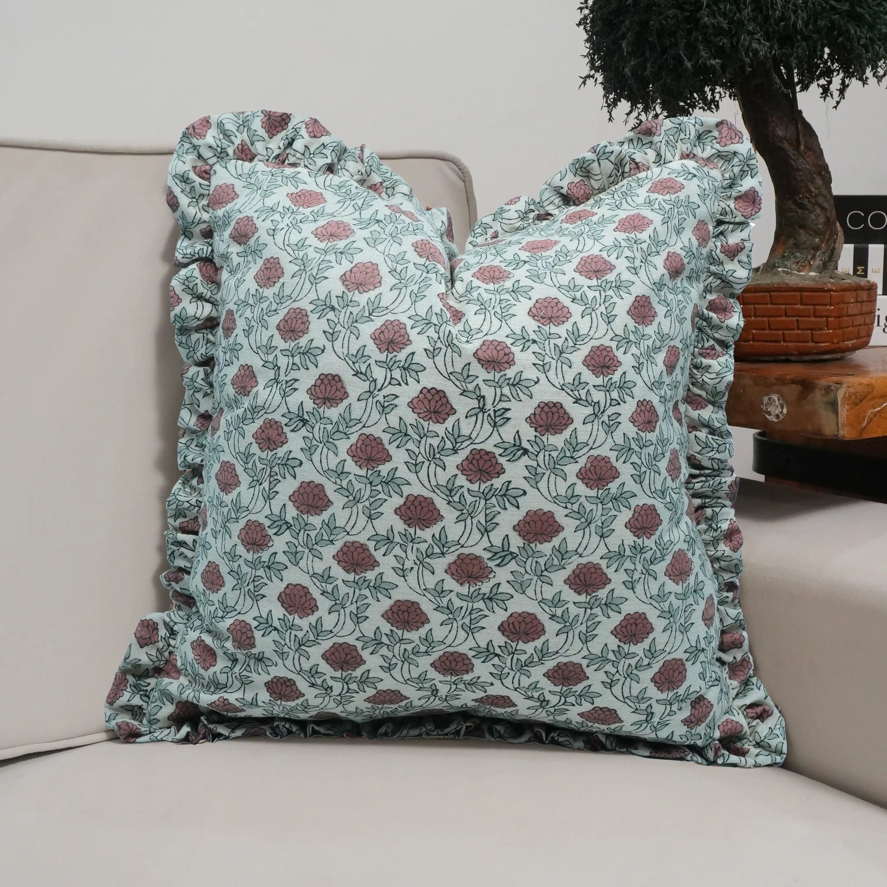 Handmade Red Floral Block Print Linen Blend Pillow Cover - Khubsoorat