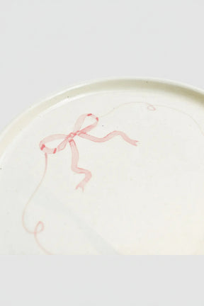 Ceramic Side Dessert Cake Plate - Pink Bow ( Set Of 2 ) , 7 Inches