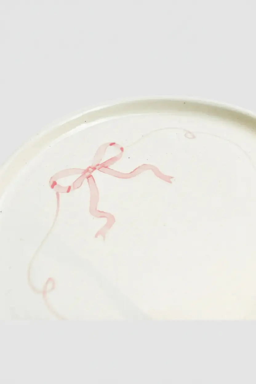 Ceramic Side Dessert Cake Plate - Pink Bow ( Set Of 2 ) , 7 Inches