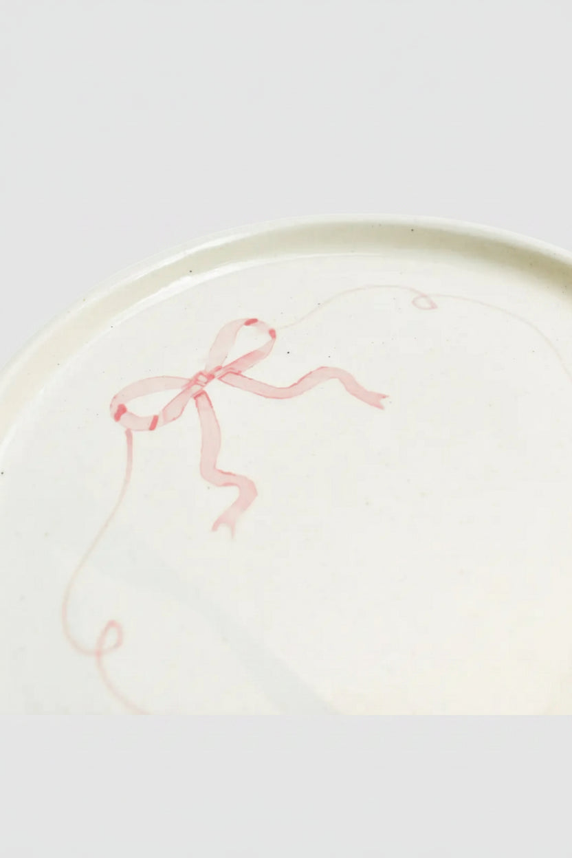 Ceramic Side Dessert Cake Plate - Pink Bow ( Set Of 2 ) , 7 Inches