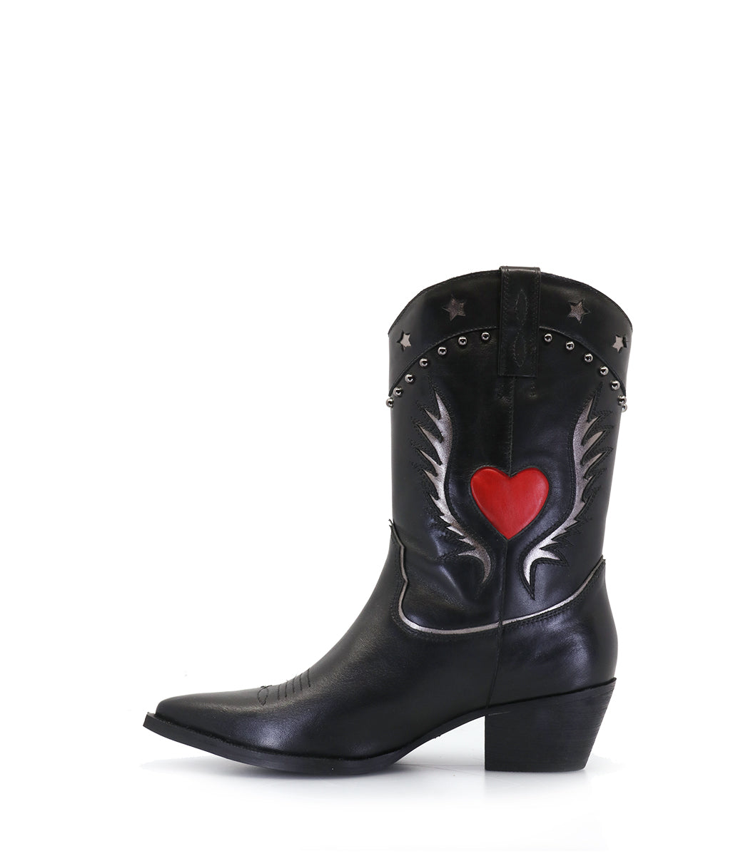 Texas Heart & Star Leather Black Boots Shirp