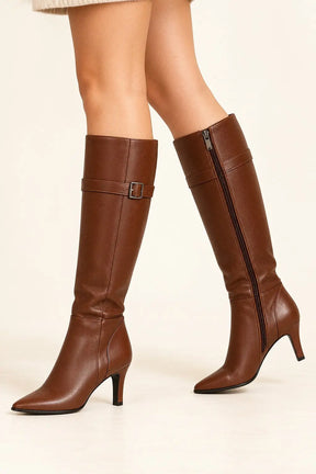 Cognac Brown Leather Knee-High Boots with Buckle Detail
