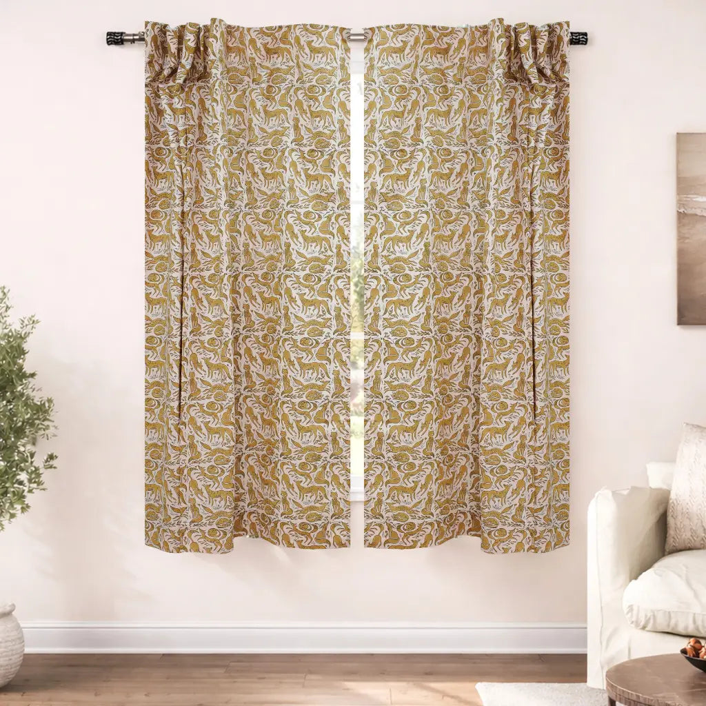 Gheravan Mustard Boho Animal Block Print Linen Curtain