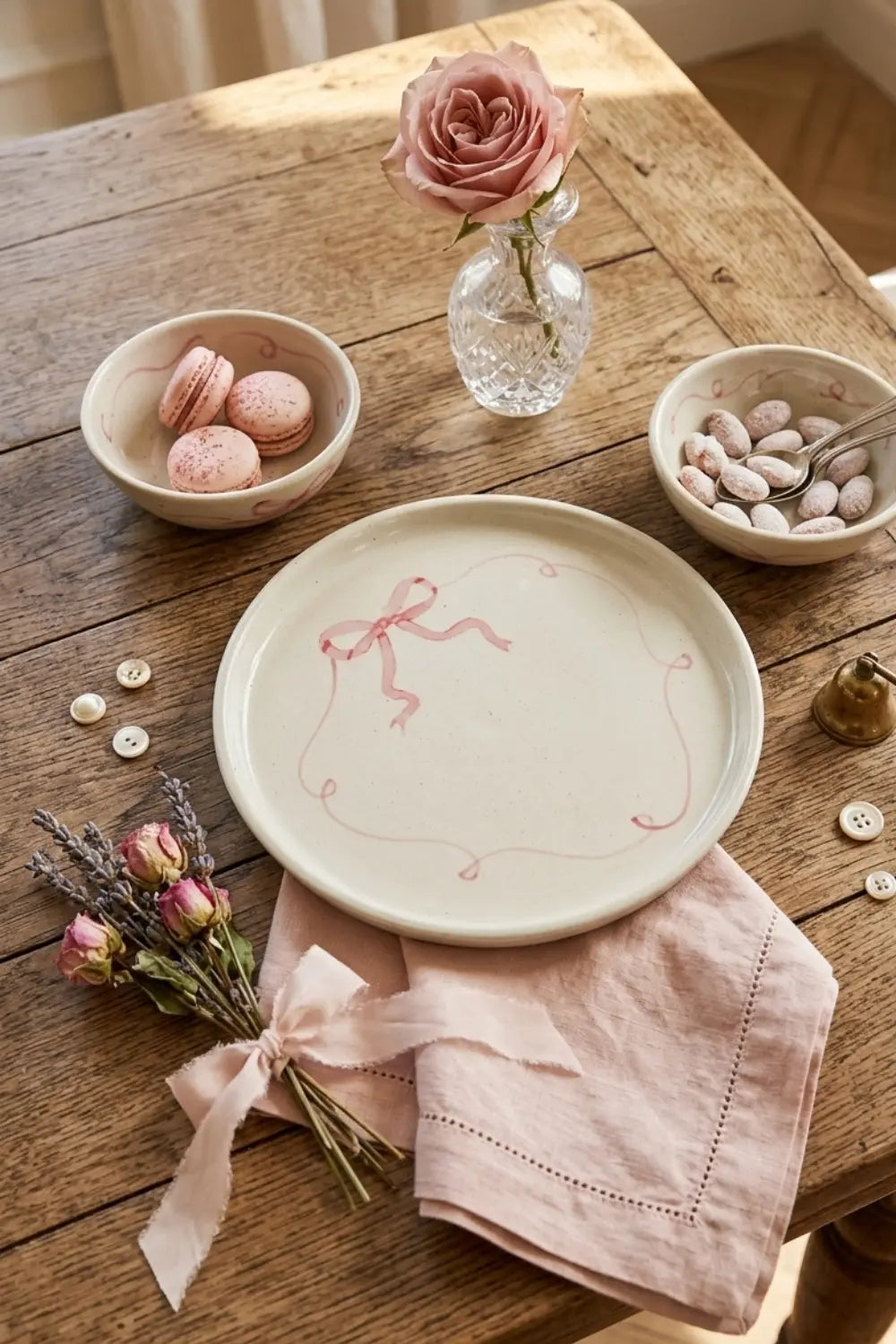 Ceramic Side Dessert Cake Plate - Pink Bow ( Set Of 2 ) , 7 Inches