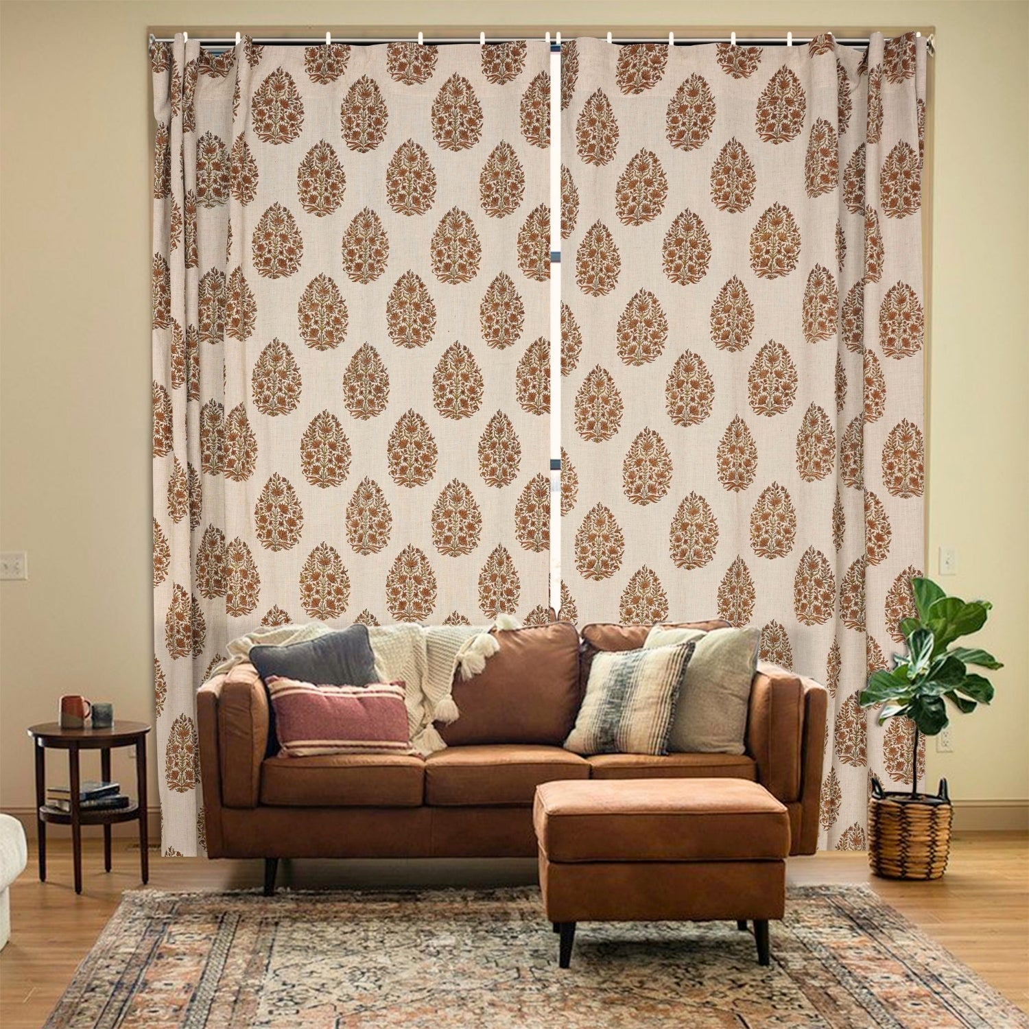 Floral Block Design Viscose Linen Ring Curtain- Kumud