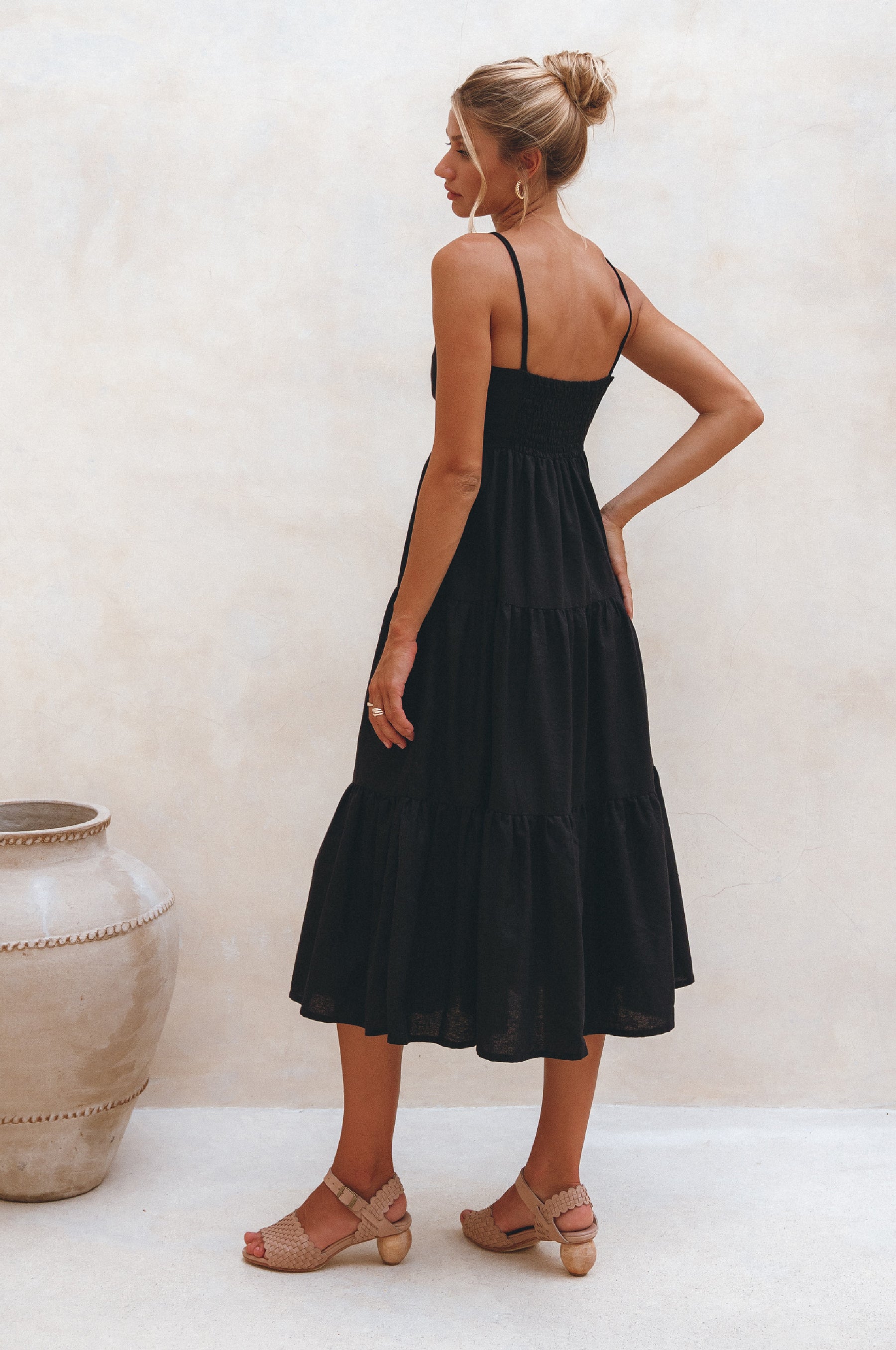 Rafaela Strappy Linen Midi Dress - Black