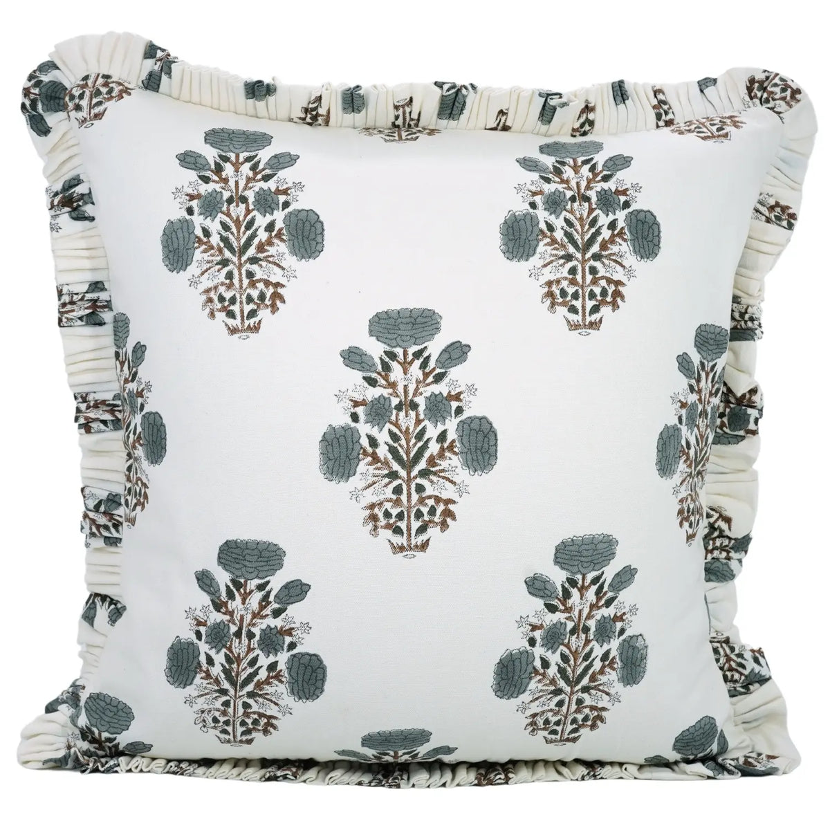 Designer Block Print Thick Cotton White Frill Pillow Cover - Swadesh