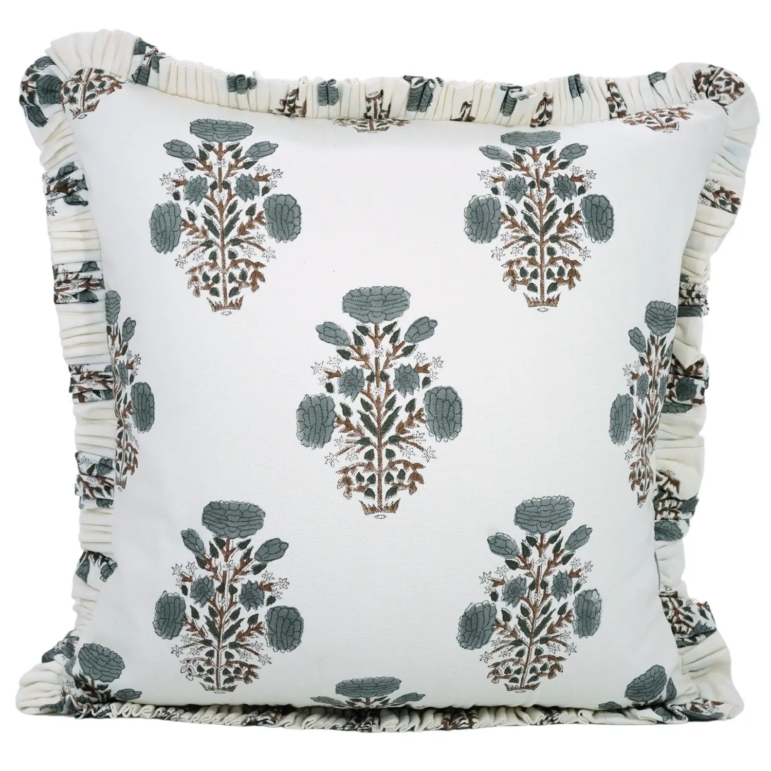 Designer Block Print Thick Cotton White Frill Pillow Cover - Swadesh