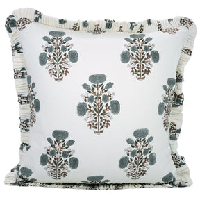 Designer Block Print Thick Cotton White Frill Pillow Cover - Swadesh