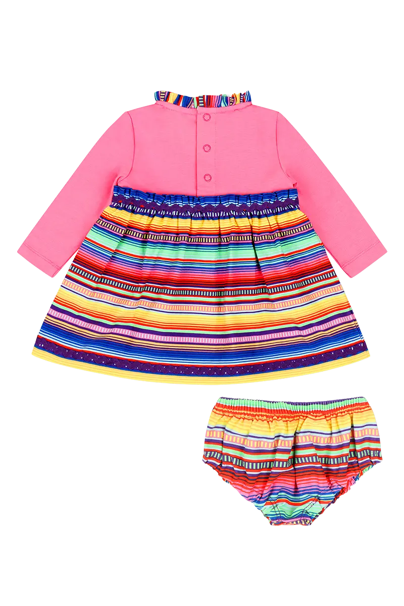 Mixed Up Clothing Long Sleeve Ruffle Trim Dress and Bloomer Set Pink Multicolor Stripe