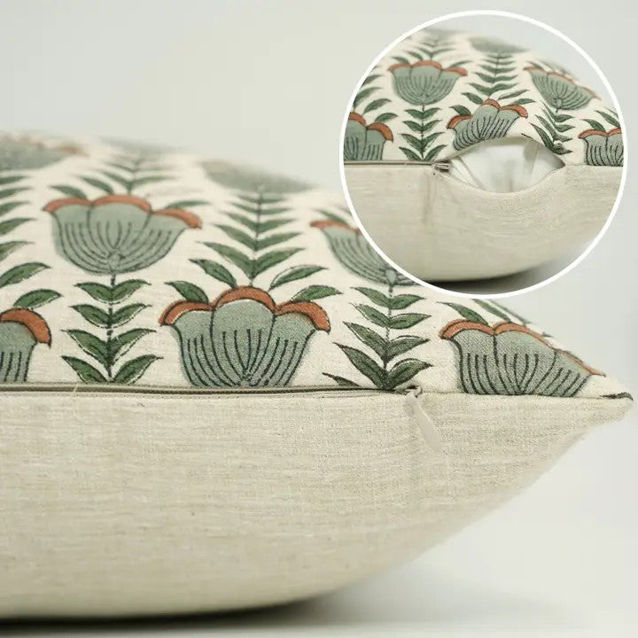 Decorative Block Print Linen Blend Pillow Cover - Lotus