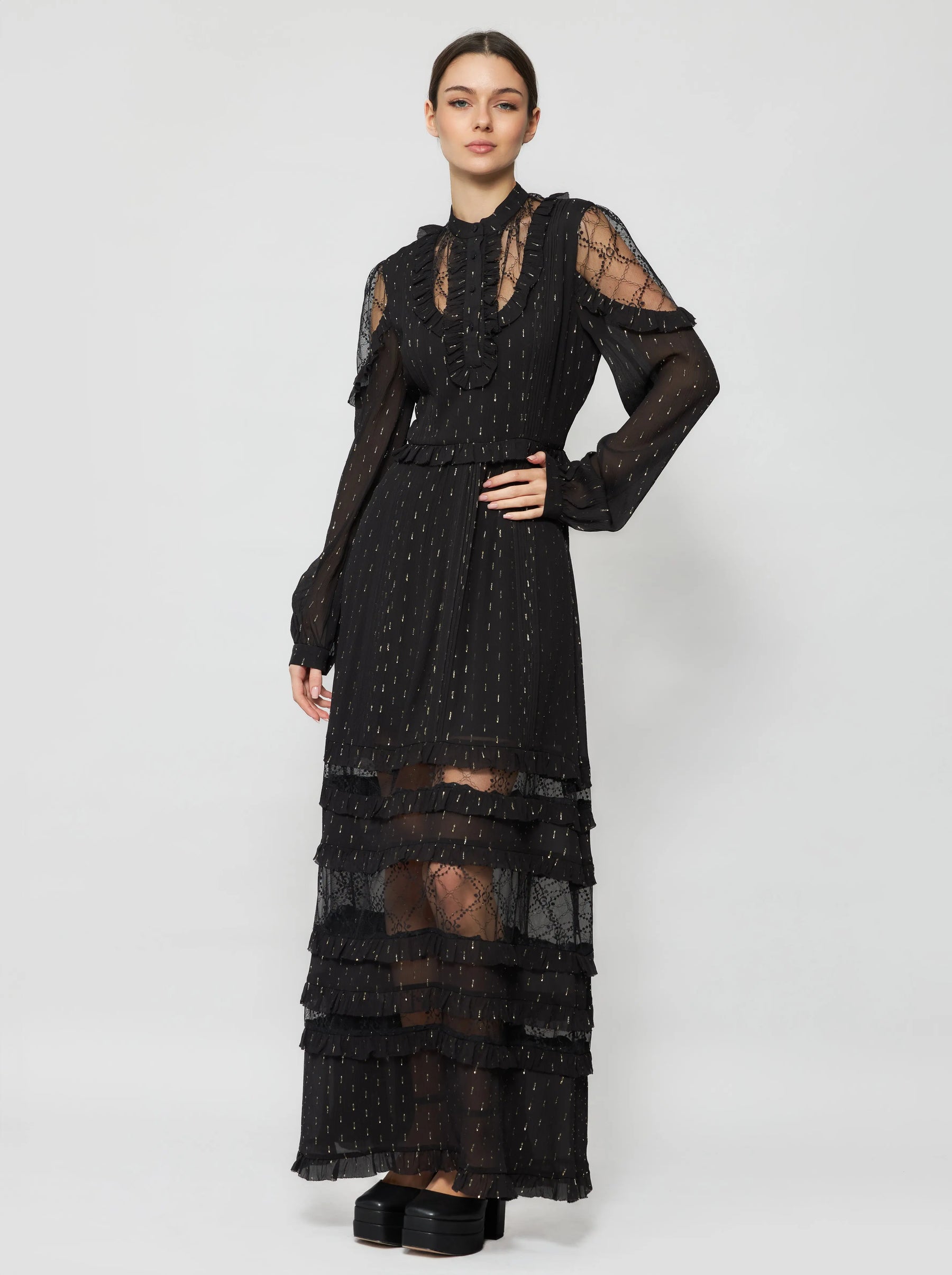 Solgo Metallic Silk Ruffle Maxi Dress