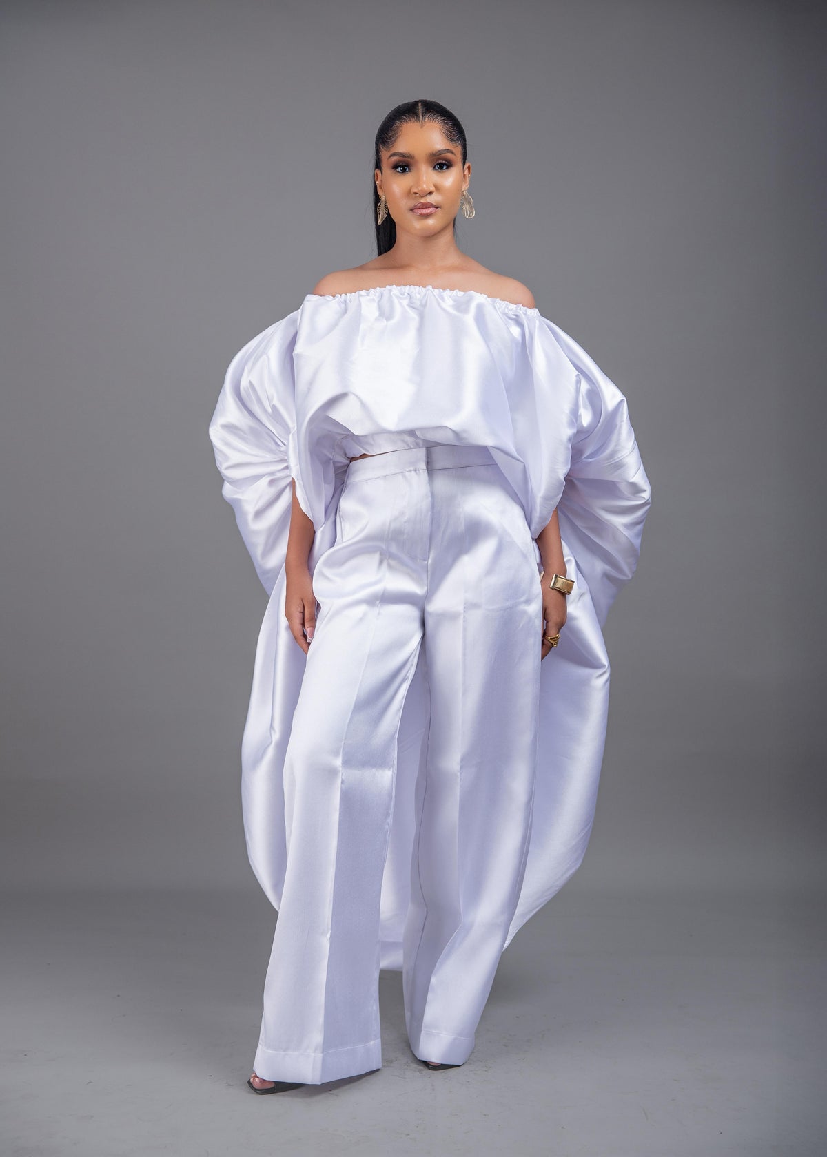 2- piece Kese white cape high low and wide leg pant set