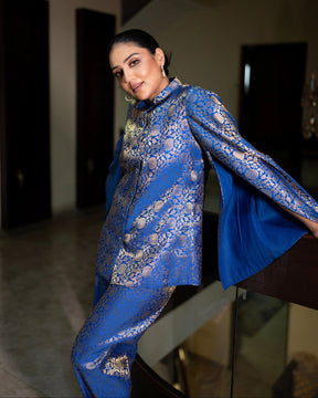 Mumtaz Banarasi Cape Co-ord Set: Women's Royal Blue Gold Floral Indowestern Wear