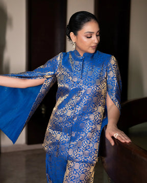 Mumtaz Banarasi Cape Co-ord Set: Women's Royal Blue Gold Floral Indowestern Wear