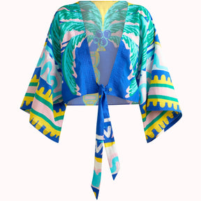 Tie Front Kimono Top Blue Palm