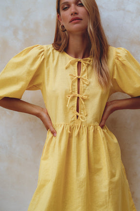 Beatrice Puff Sleeve Linen Mini Dress - Pineapple