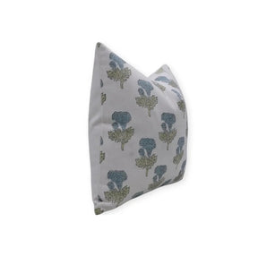 Floral Design Handmade Block Print Thick Cotton White Pillow Cover - Manmohan