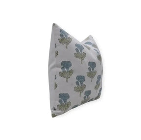 Floral Design Handmade Block Print Thick Cotton White Pillow Cover - Manmohan