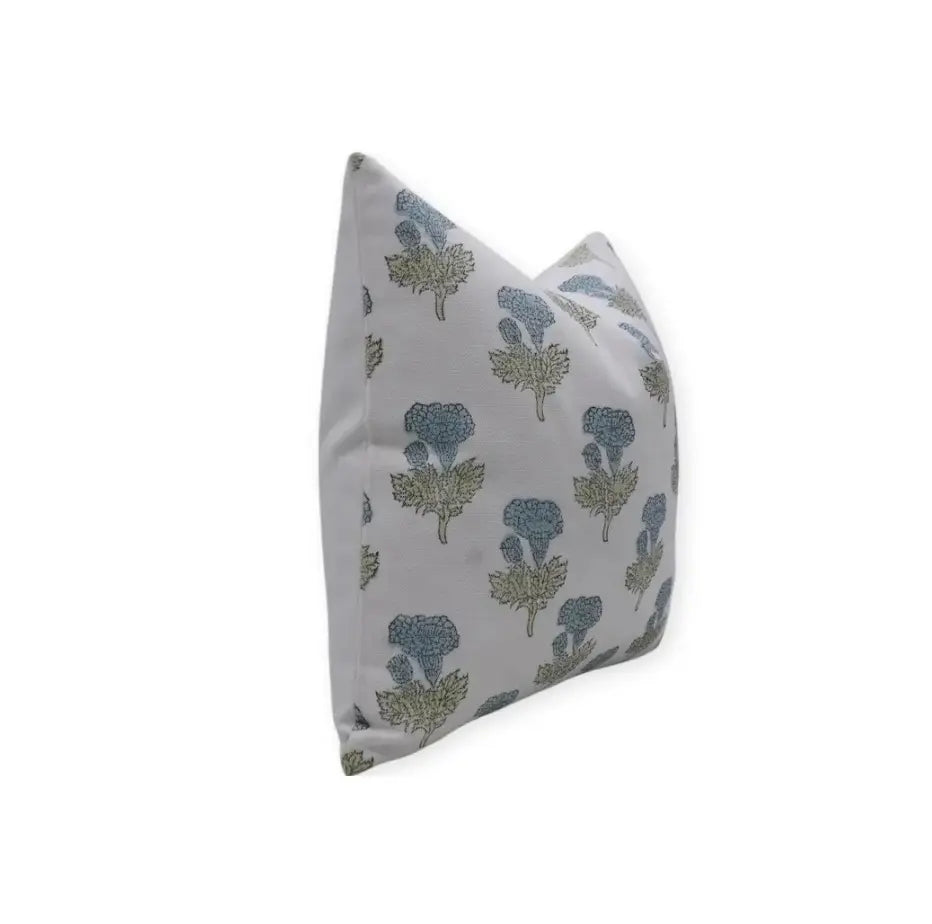 Floral Design Handmade Block Print Thick Cotton White Pillow Cover - Manmohan