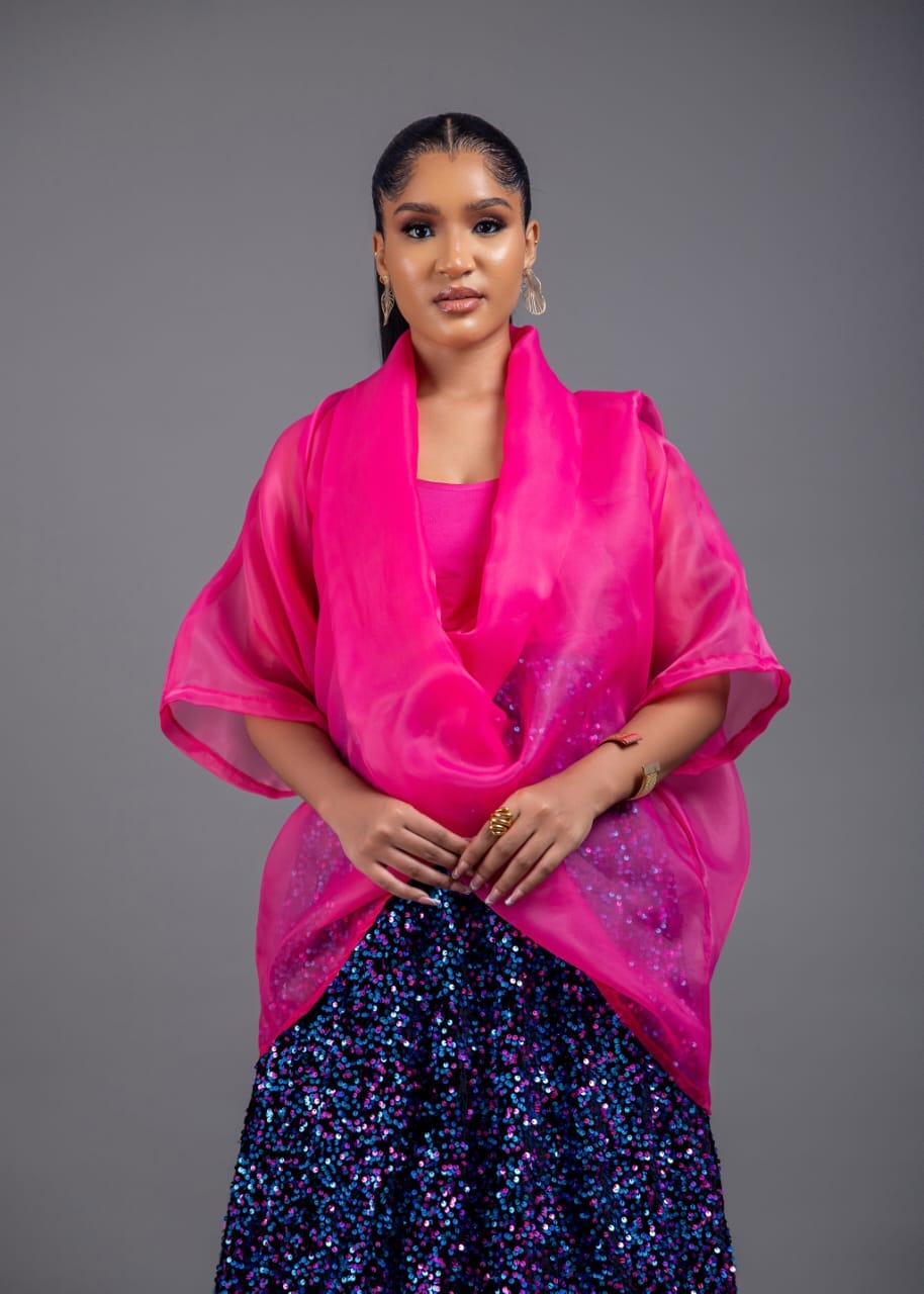 3- piece Casablanca pink Twist Top With Maxi flare Sequin Skirt Set (pink) and inner
