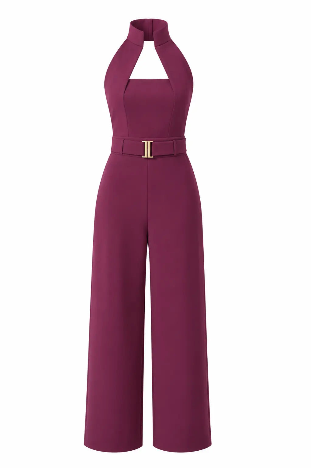 Wine High-collar Jumpsuit – Gold Buckle