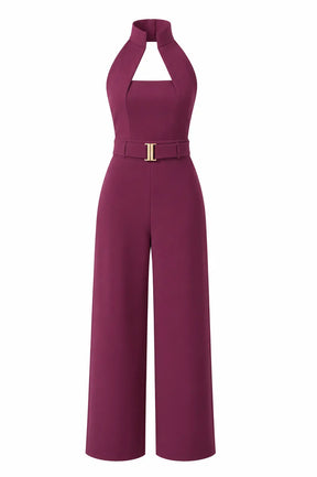Wine High-collar Jumpsuit – Gold Buckle