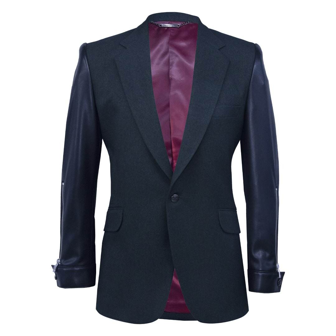 Green blazer combined with synthetic leather
