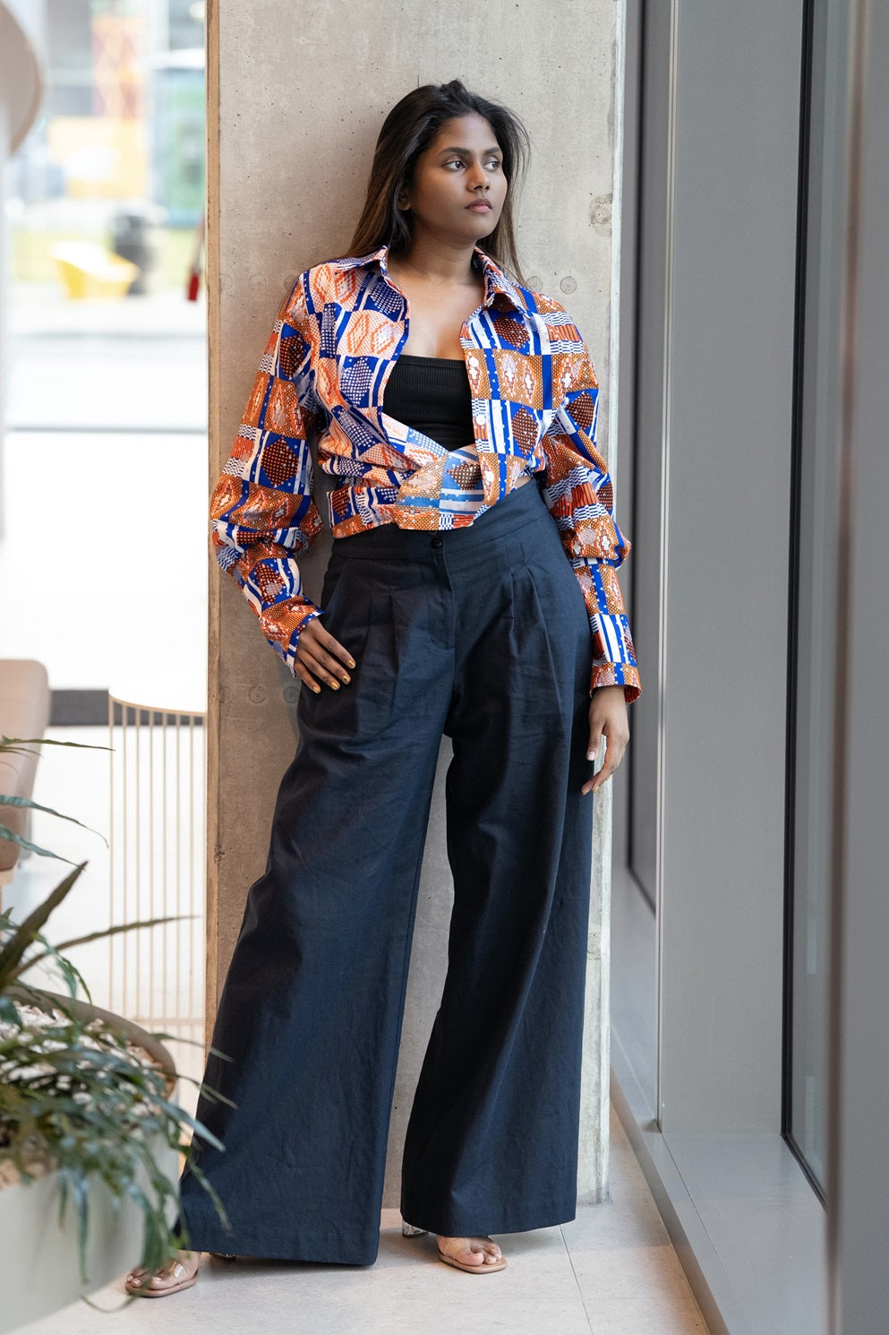 Navy Blue Linen Wide-Leg Pants