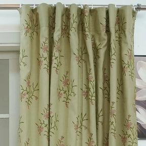 Handcrafted Floral Block Print Viscose Linen Green Curtains Panel - Daisy