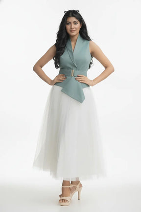 Ivory Skirt & Sea Green Waist Coat – Serene Sophistication
