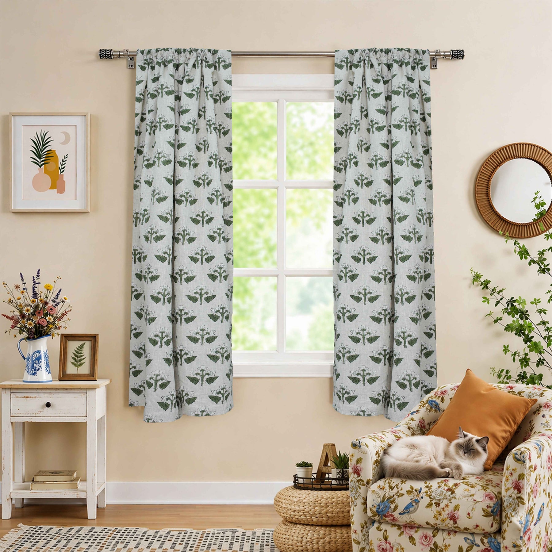 Handmade Block Print Linen Curtains Green White Floral Design | Chahat