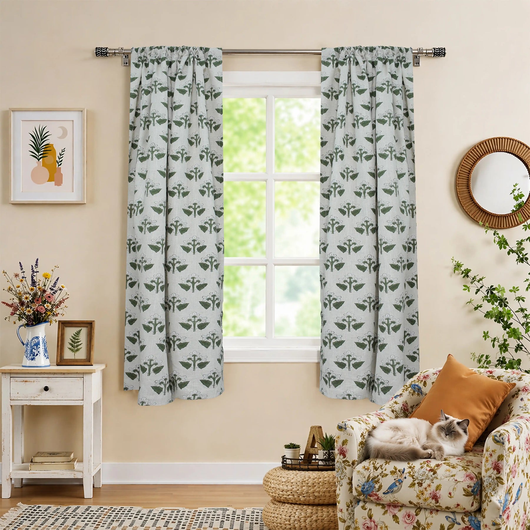 Chahat Handmade Block Print Floral Linen Curtains