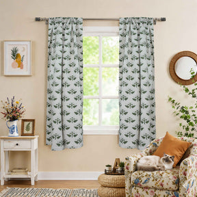 Handmade Block Print Linen Curtains Green White Floral Design | Chahat