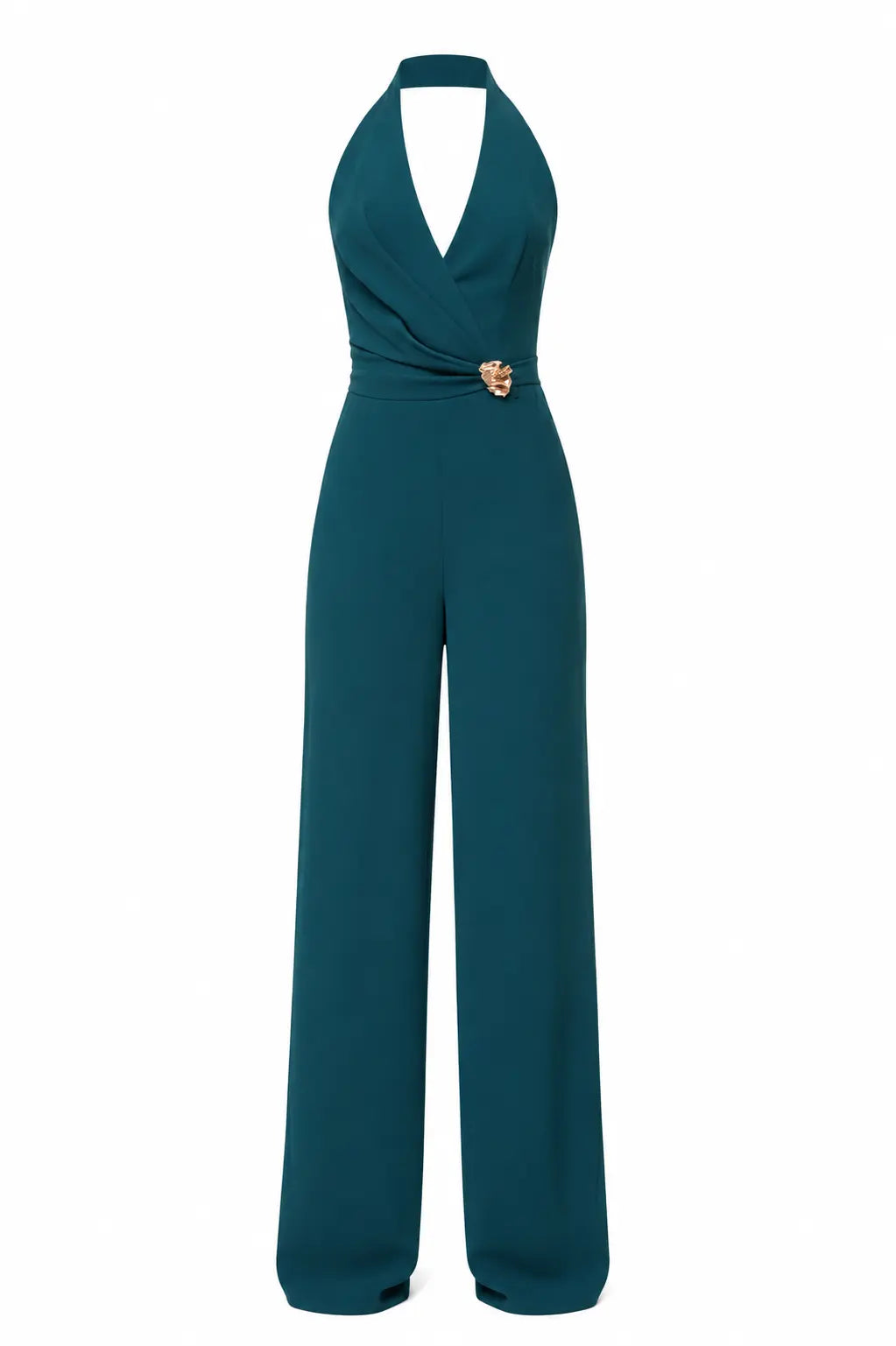 Teal Halter Jumpsuit – Gold Brooch
