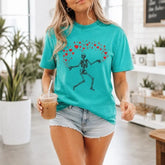 Dancing Skeleton Hearts Valentine Graphic T-Shirt | Seafoam Teal Spooky Love Cotton Tee