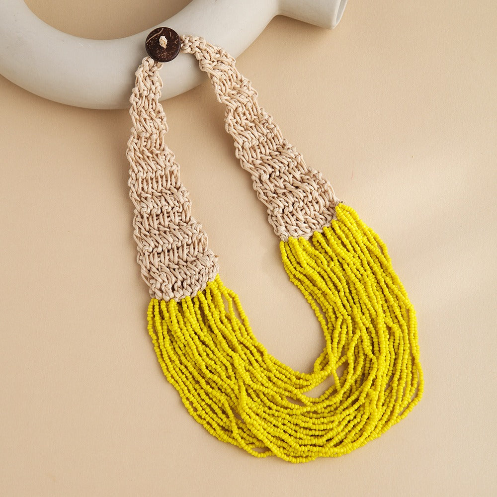 Fashionable retro ethnic style exaggerated style hand woven 30 layer wax rope rice bead necklace for women