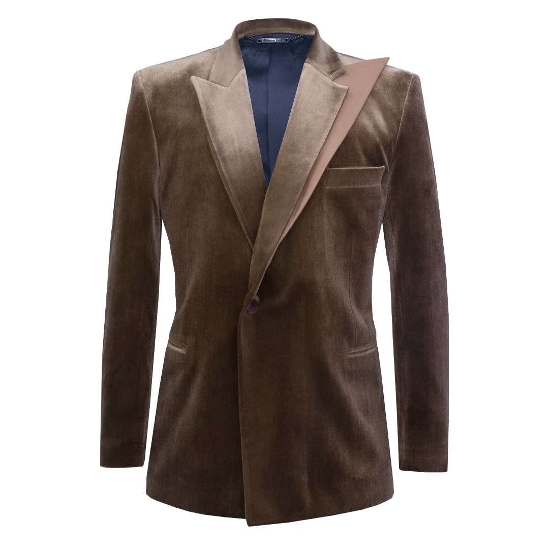 Brown velvet blazer with double satin lapel