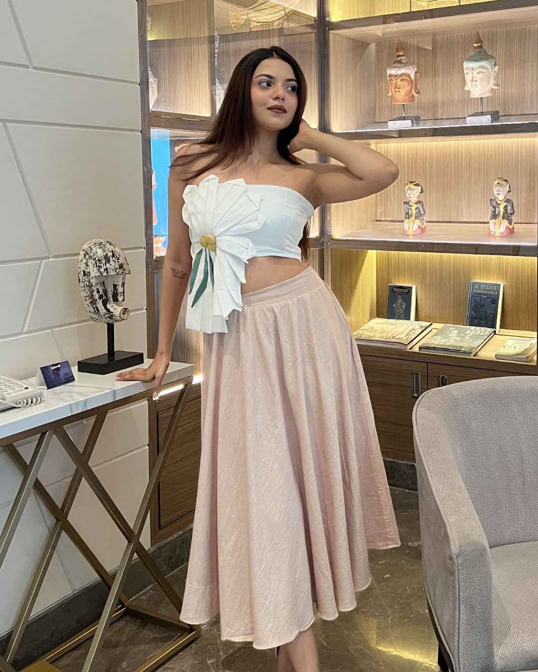 White 3d Floral  With Flared Skirt
