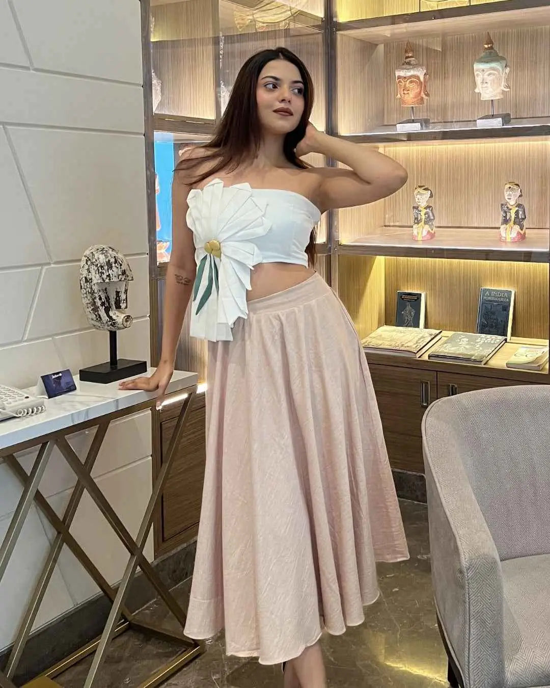 White 3d Floral  With Flared Skirt