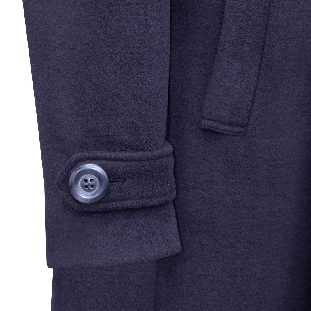 Black double-breasted coat.