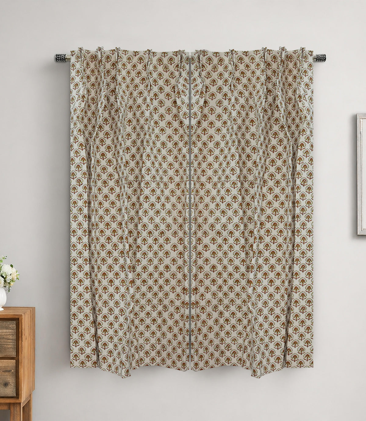 Handmade Block Print Cotton Curtain Gurukul Red & Green, Semi Sheer Window Drapes