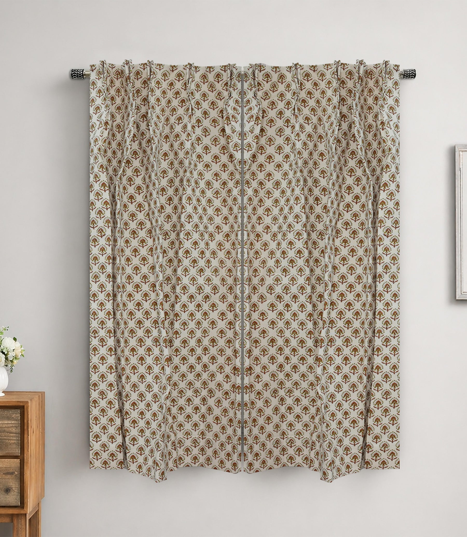 Handmade Block Print Cotton Curtain Gurukul Red & Green, Semi Sheer Window Drapes