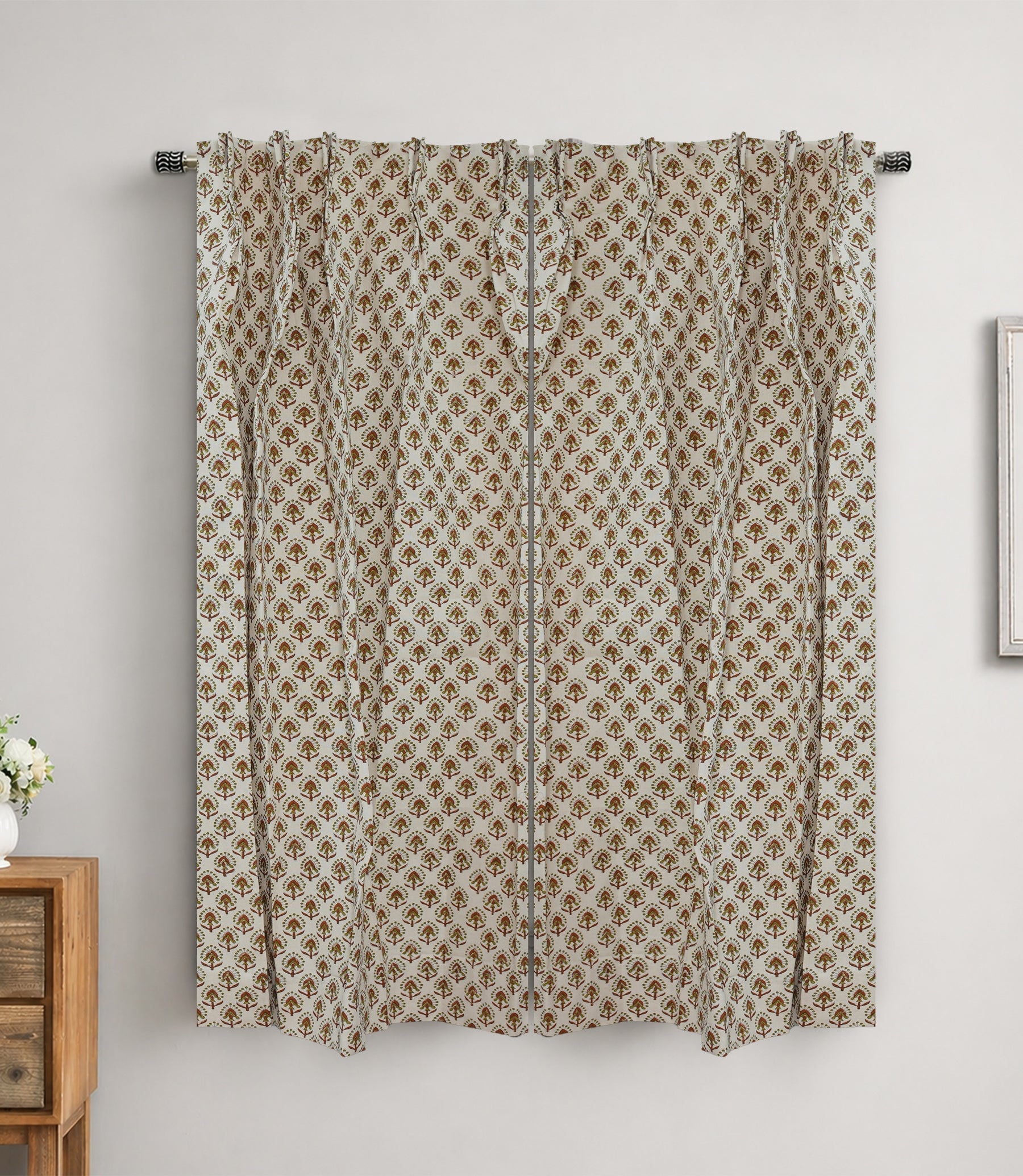 Handmade Block Print Cotton Curtain Gurukul Red & Green, Semi Sheer Window Drapes