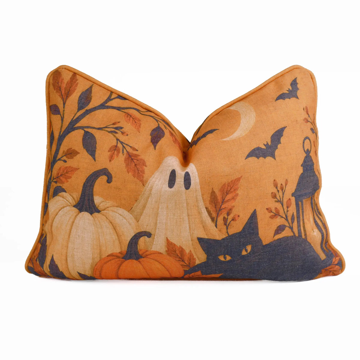 Spooky Linen Lumbar Piping Pillow Cover - Ghost Black Cat