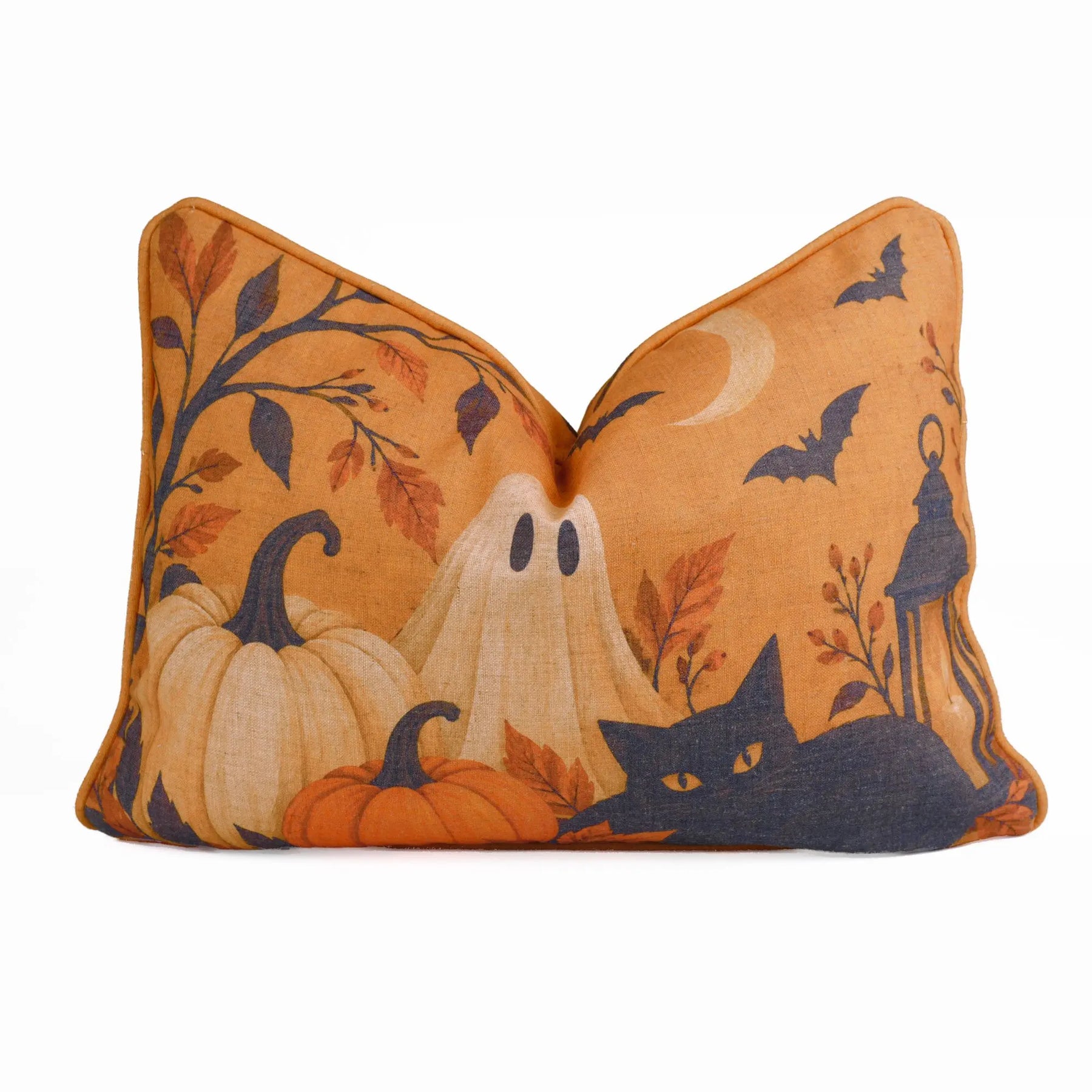Spooky Linen Lumbar Piping Pillow Cover - Ghost Black Cat