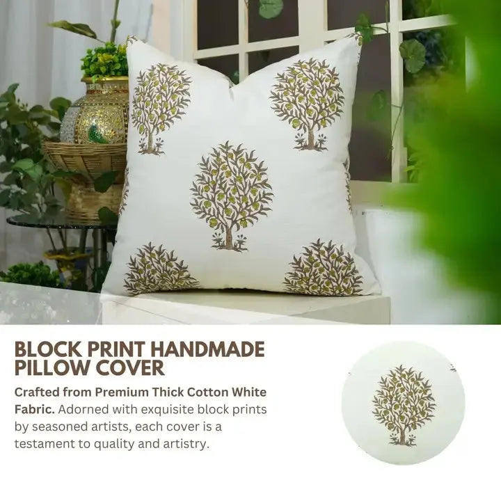 Floral Handmade Block Printed Thick Cotton White Pillow Cover - Anar