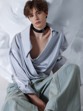 Silvery Satin Wrap Drape Shirt