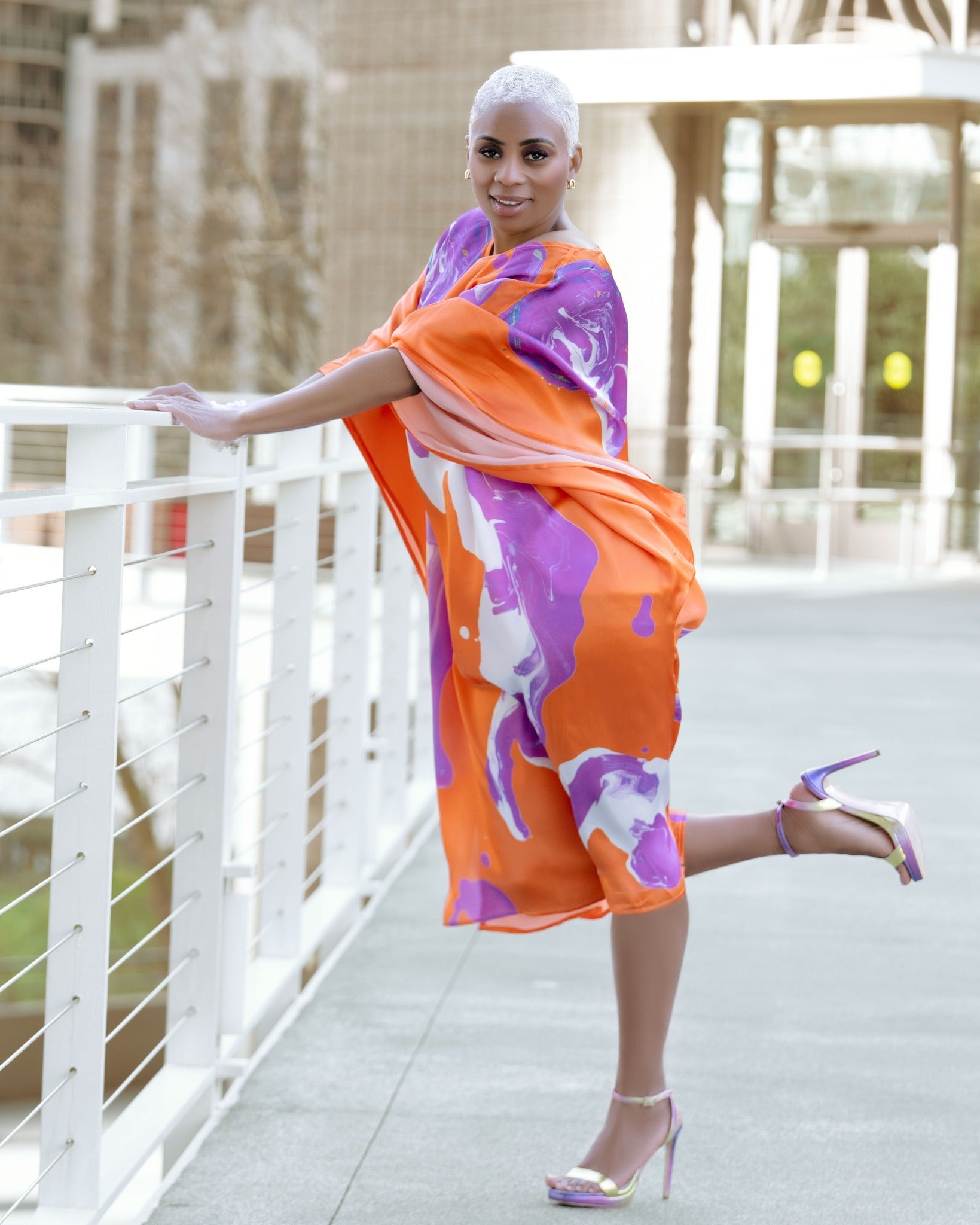 Orange Purple Marble Dolman Sleeve Dress